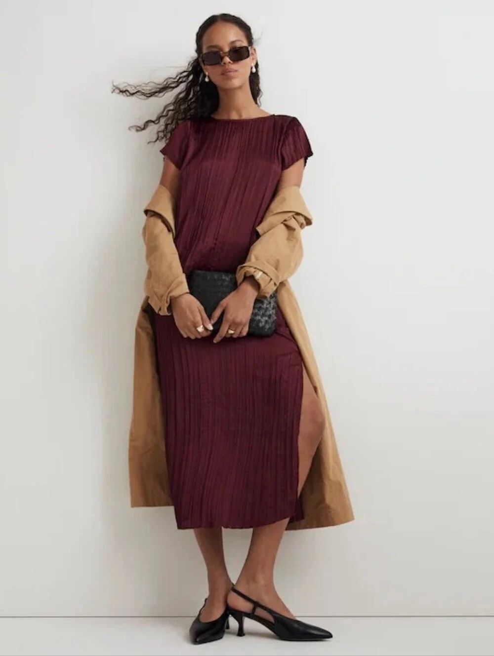 Madewell Short-Sleeve Slip Midi Dress in Plissé Mulberry Wine Size Large